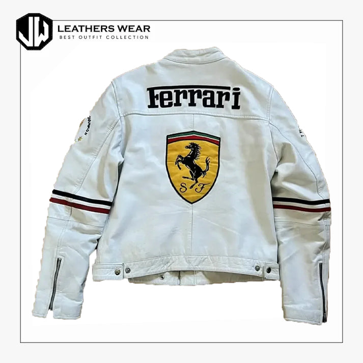 Ferrari F1 Racing Streetwear Leather White Jacket