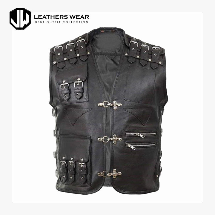 Genuine Leather Biker Vest For Mens