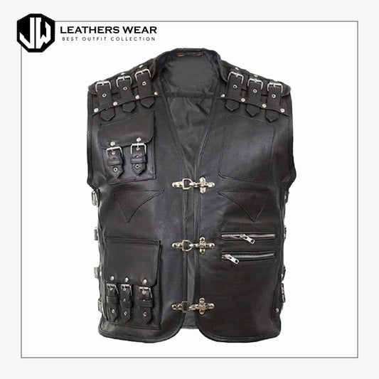 Genuine Leather Biker Vest For Mens