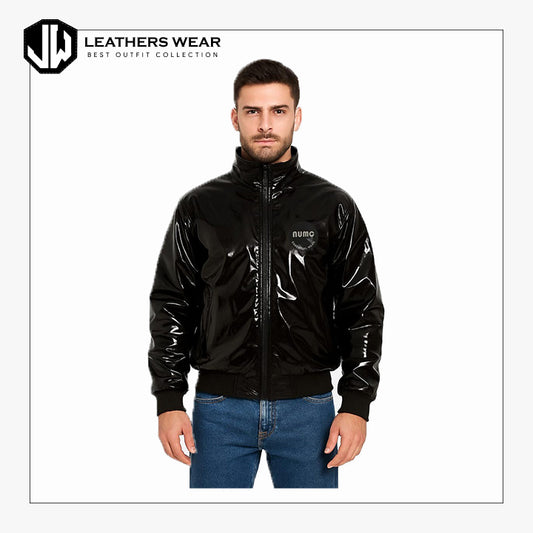Glossy Black PU Leather Bomber Jacket