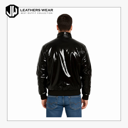 Glossy Black PU Leather Bomber Jacket