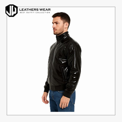 Glossy Black PU Leather Bomber Jacket