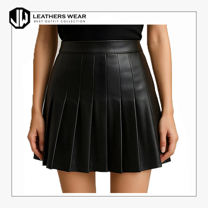Handmade Black Leather Pleated Mini Skirt