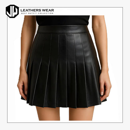 Handmade Black Leather Pleated Mini Skirt