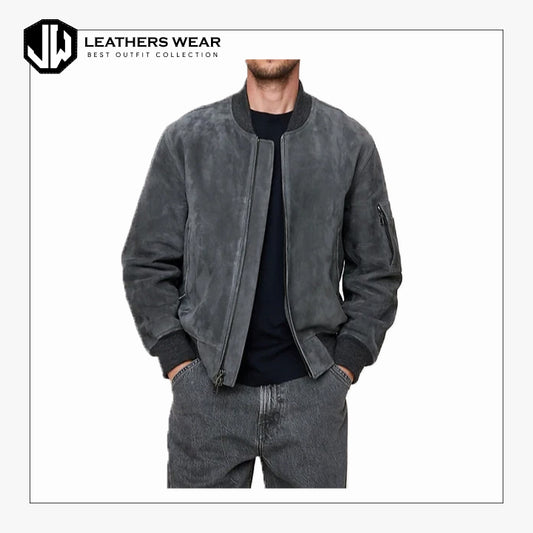 Gray Suede Leather Jacket Men
