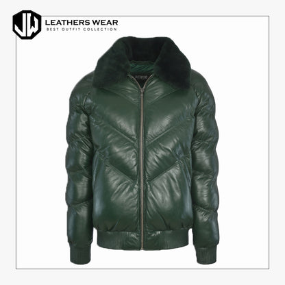 Green V Style Bomber Leather Jacket