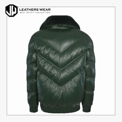 Green V Style Bomber Leather Jacket