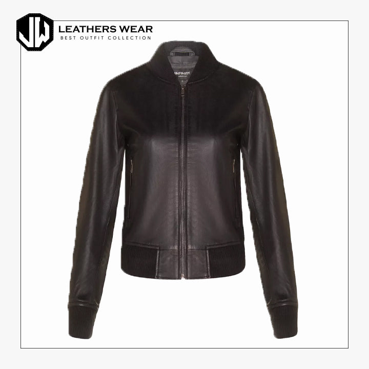 Ladies Black Leather Bomber Jacket