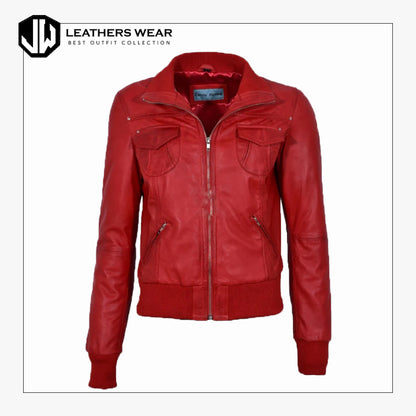 LadiesRealLeatherBomberJacketRedShortSlimFitCasual