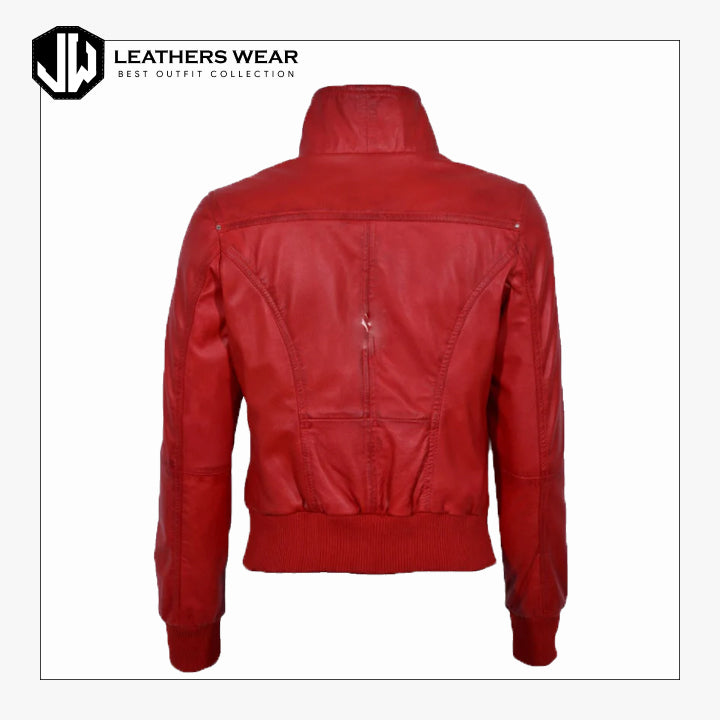 LadiesRealLeatherBomberJacketRedShortSlimFitCasual1