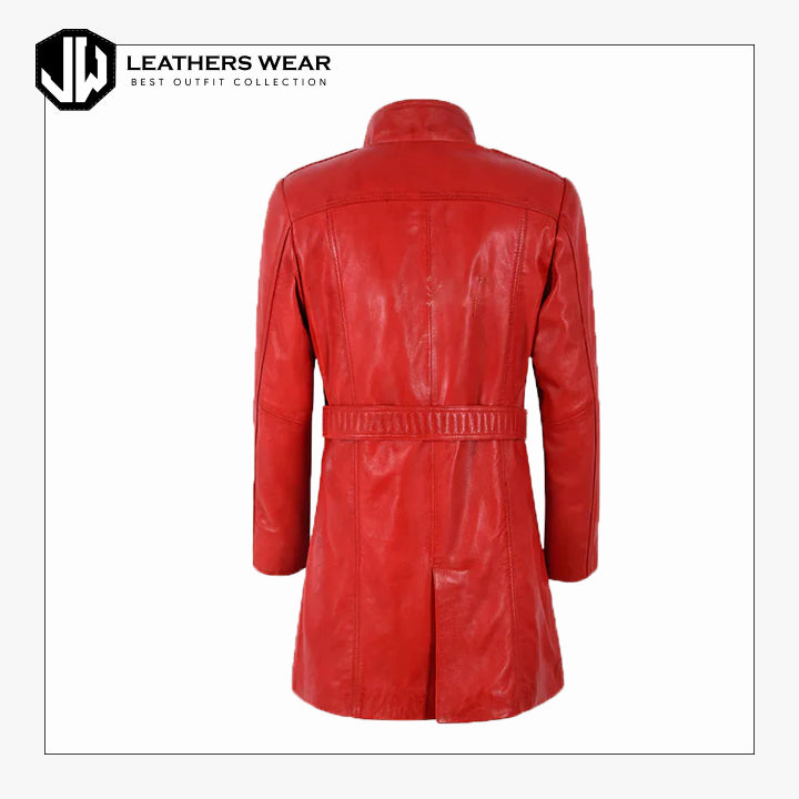 Ladies Red Leather Trench Coat