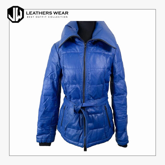 LeatherBeltedBluePufferJacket