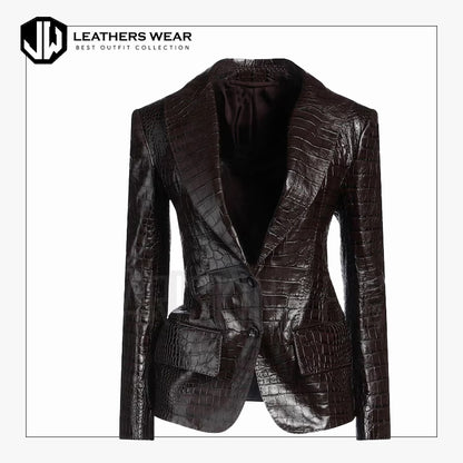 Leather Blazer Women Croc Embossed