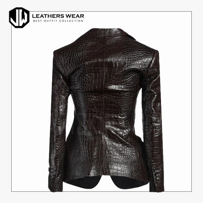 Leather Blazer Women Croc Embossed