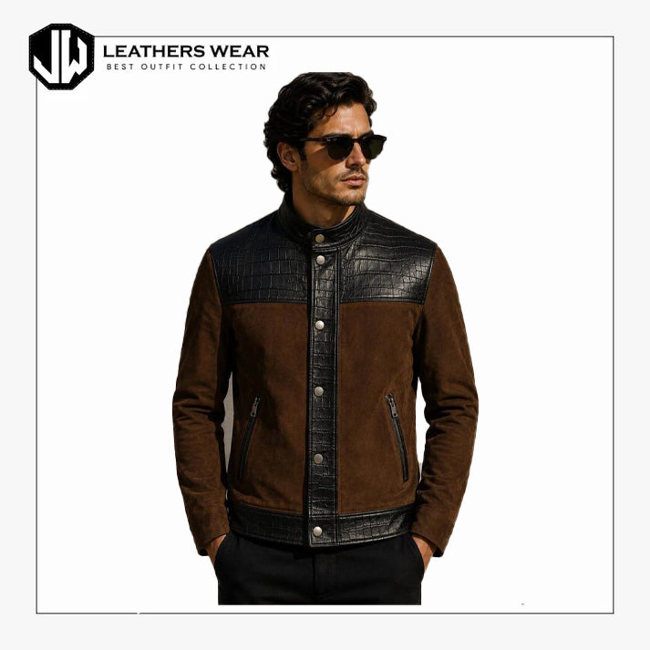 Men Brown Black Croc Embossed Leather Jacket