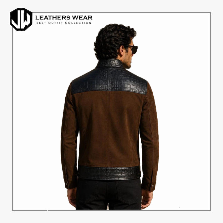 Men Brown Black Croc Embossed Leather Jacket