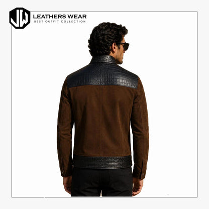 Men Brown Black Croc Embossed Leather Jacket