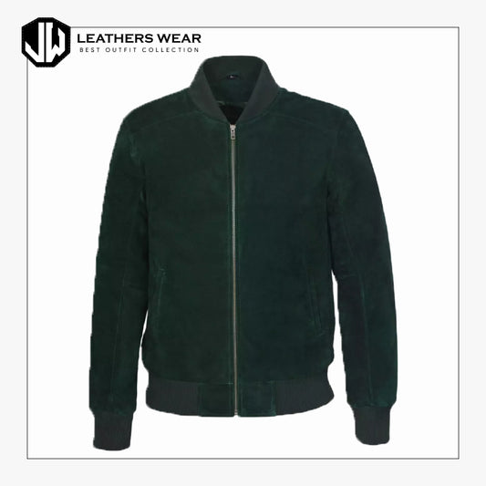 Men Dark Green Suede Bomber Jacket