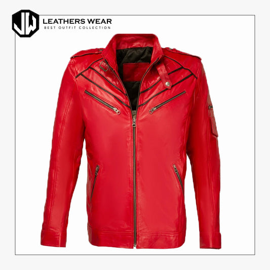 Men Red Leather Jacket Handcrafted