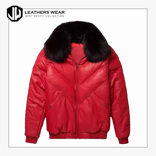 Men Red Leather V-Bomber jacket