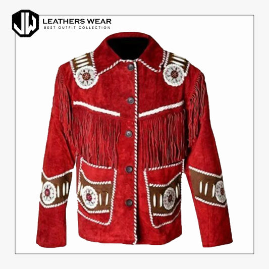 Men Red Western Cowboy Beaded Leather Jacket