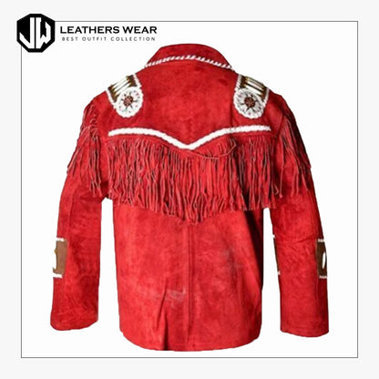 Men Red Western Cowboy Beaded Leather Jacket