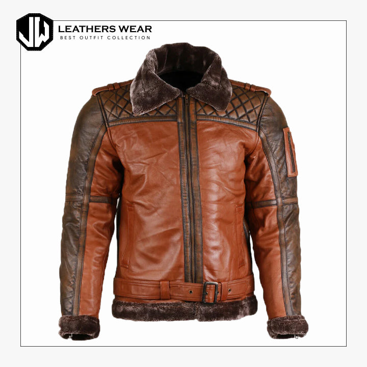 Men Shearling Leather Bomber Jacket