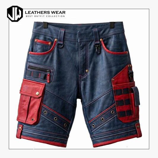 Men Tactical Leather Cargo Shorts