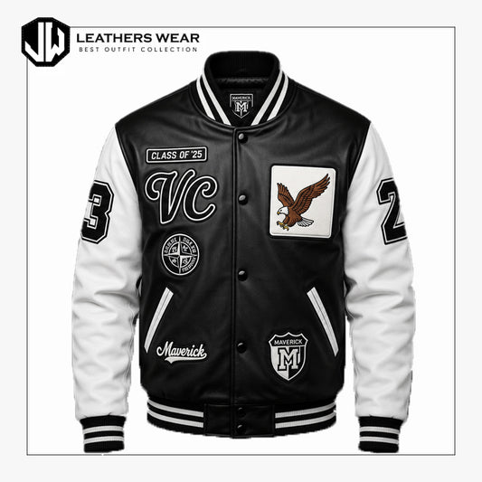 Mens Black Leather Varsity Jacket
