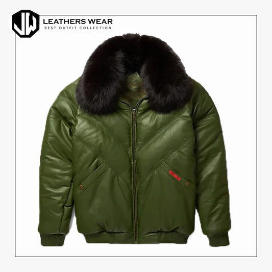 Men's Green V-Bomber Leather Jacket