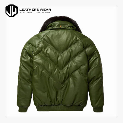 Men's Green V-Bomber Leather Jacket