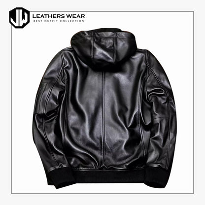 Men's Hooded Black Leather Jacket