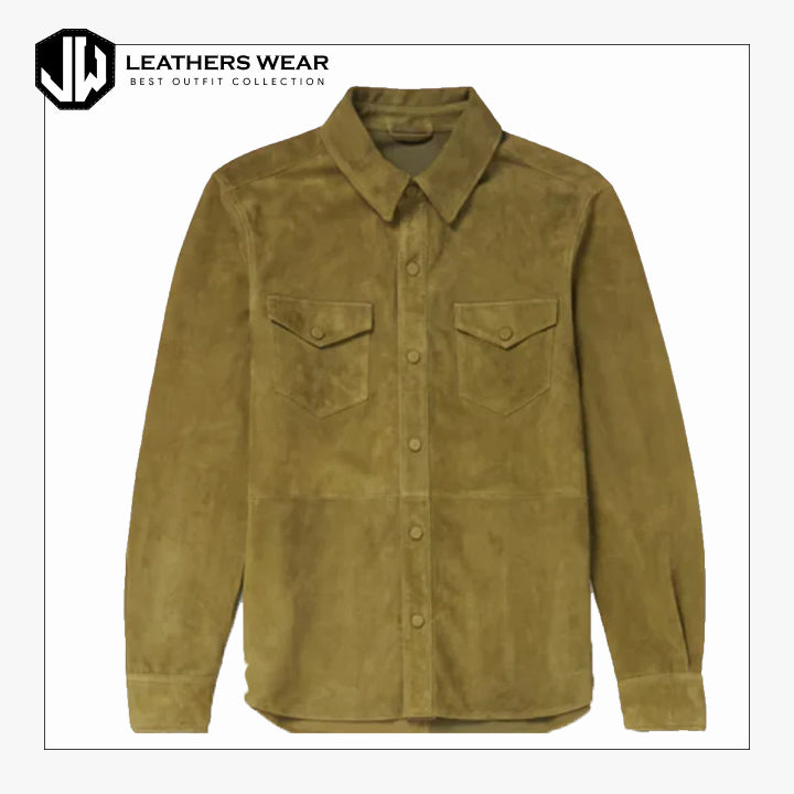 Mens Suede Green Full Sleeves Leather Shirt