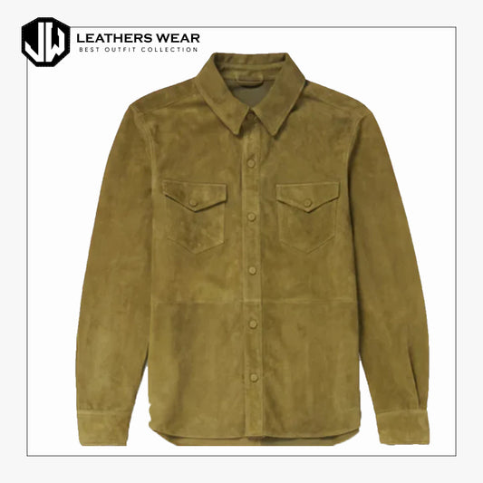 Mens Suede Green Full Sleeves Leather Shirt