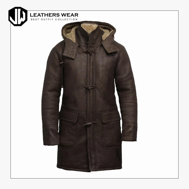 Mens leather shearling duffle coat