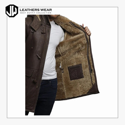 Mens leather shearling duffle coat