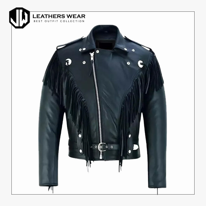 Mens Black Fringed Tassle Biker Jacket