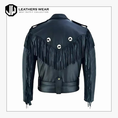 Mens Black Fringed Tassle Biker Jacket