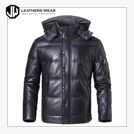 Mens Black Lambskin Leather Puffer Jacket