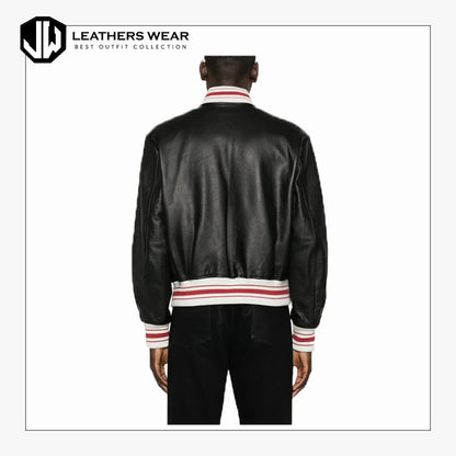 Mens Black Leather Bomber Jacket