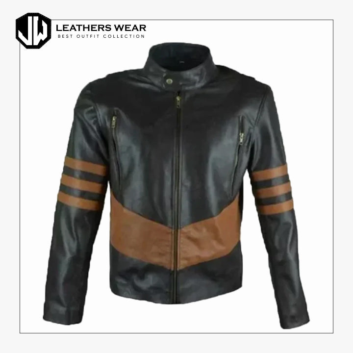 MensBlackLeatherBrownStripedJacket