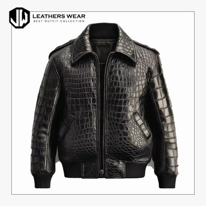 Mens Black Leather Crocodile Embossed Jacket