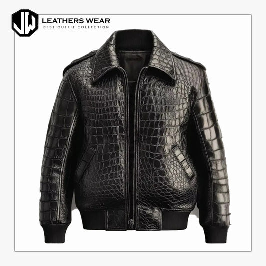 Mens Black Leather Crocodile Embossed Jacket