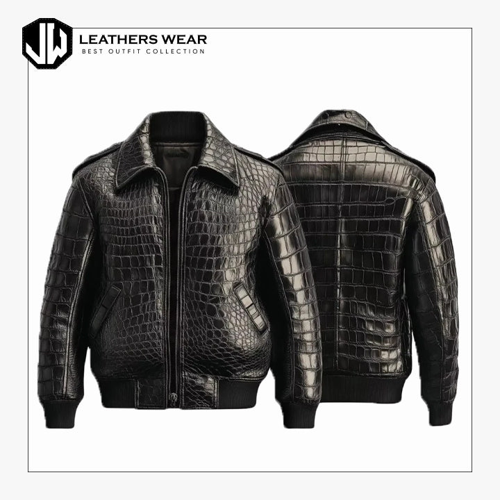 Mens Black Leather Crocodile Embossed Jacket