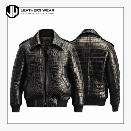 Mens Black Leather Crocodile Embossed Jacket