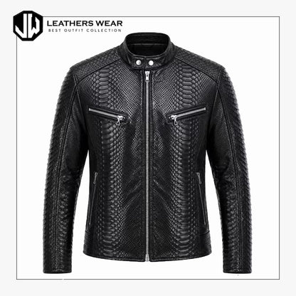Mens Black Snake Pattern Leather Jacket