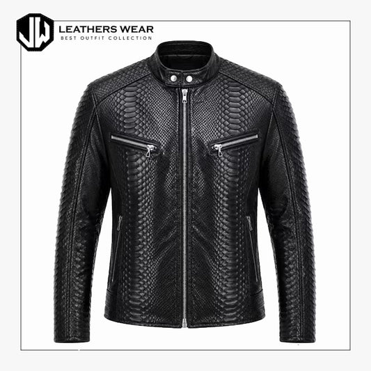Mens Black Snake Pattern Leather Jacket