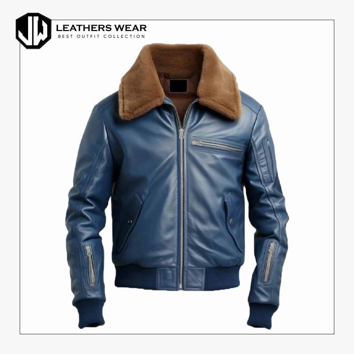 MensBlueBomberBikerLeatherJacket