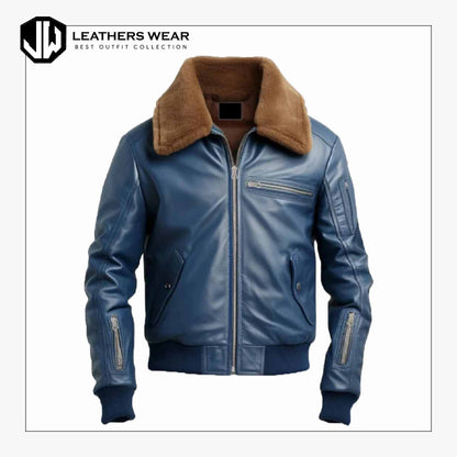 MensBlueBomberBikerLeatherJacket