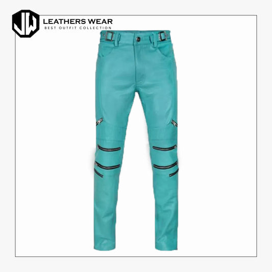 Mens Blue Lambskin Real Leather Pant